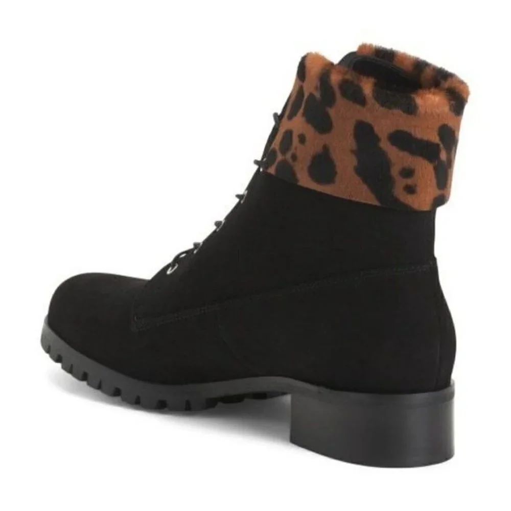 Made In Italy Leopard Animal Print Laced Up Suede Booties Boots Black US 8 EU 38